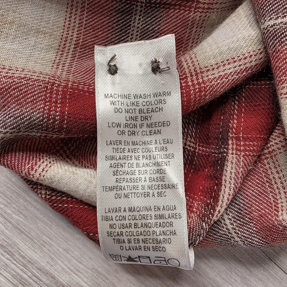 FRAME Slim Plaid Flannel Shirt Red Cream‎ Distressed Hem Button Up Medium - Picture 8 of 10